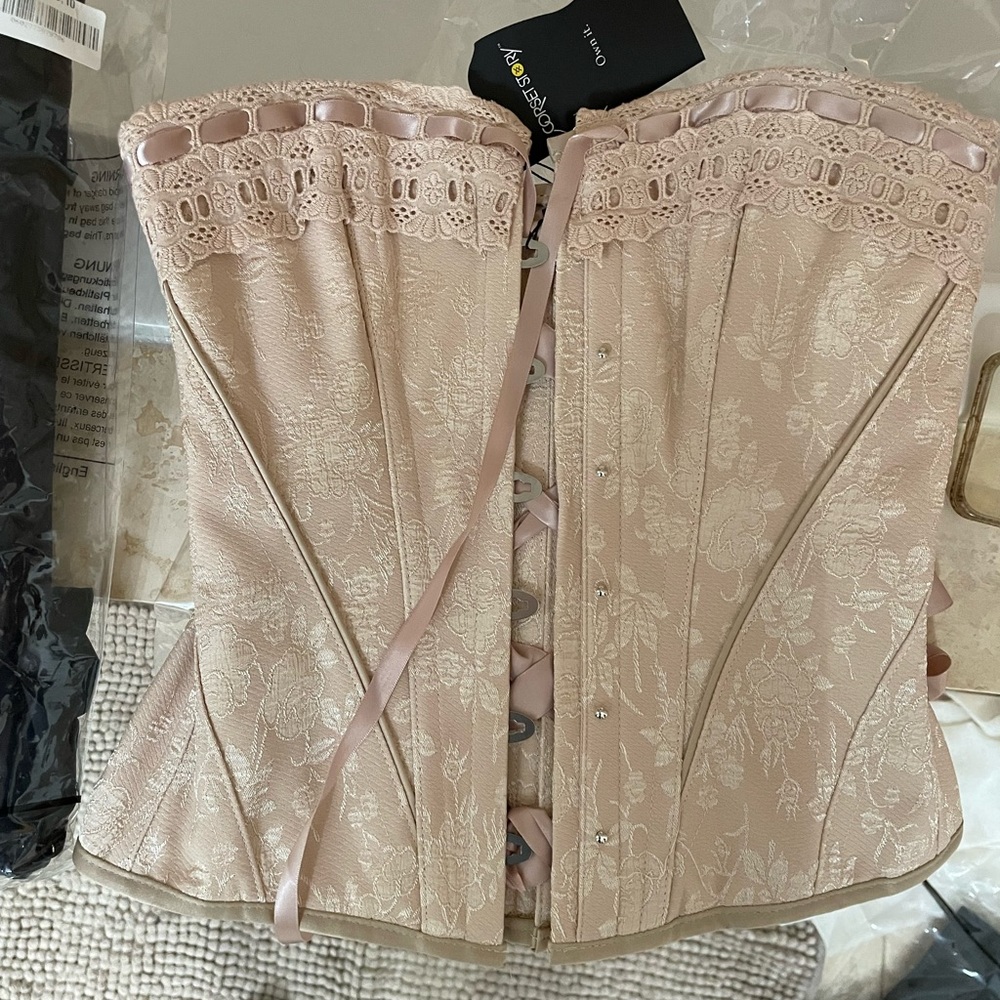Corset Story Lace-Trim Light Blush Satin Corset Top